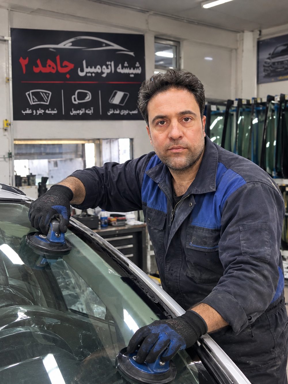 تعمیرکار مغازه جاهد ۲ در حال نصب شیشه جلوی خودرو